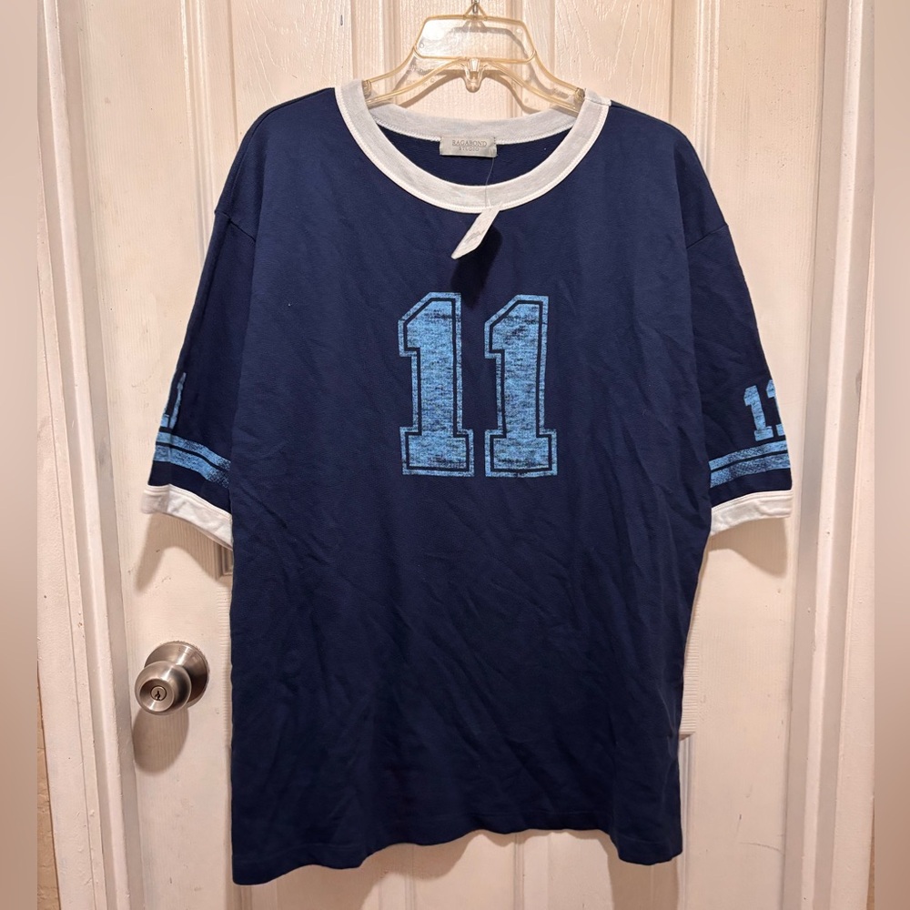 Free People Navy Blue and Light Blue Ringer Graphic Tee